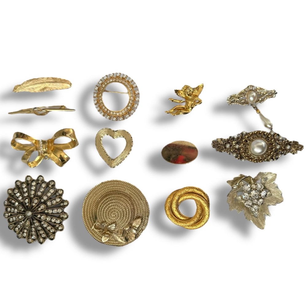 Lot vintage to modern gold tone pins brooch rhinestones faux pearls jewelry